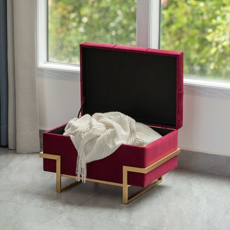 Fabulaxe Velvet Storage Ottoman Stool Box with Abstract Golden Legs - Decorative Sitting Bench, Red Small QI003939.RD